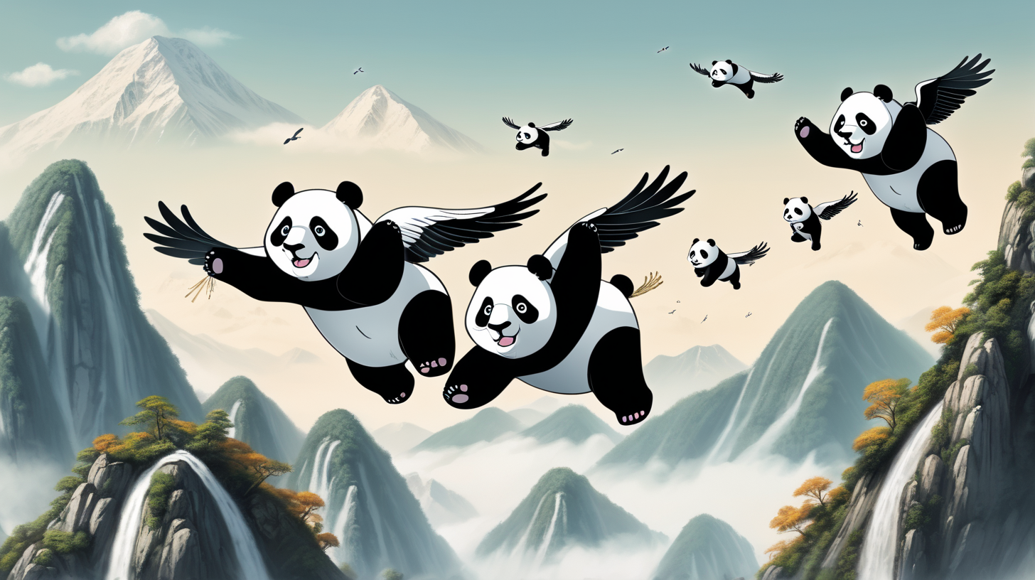 pandas with wings flying over a mountain