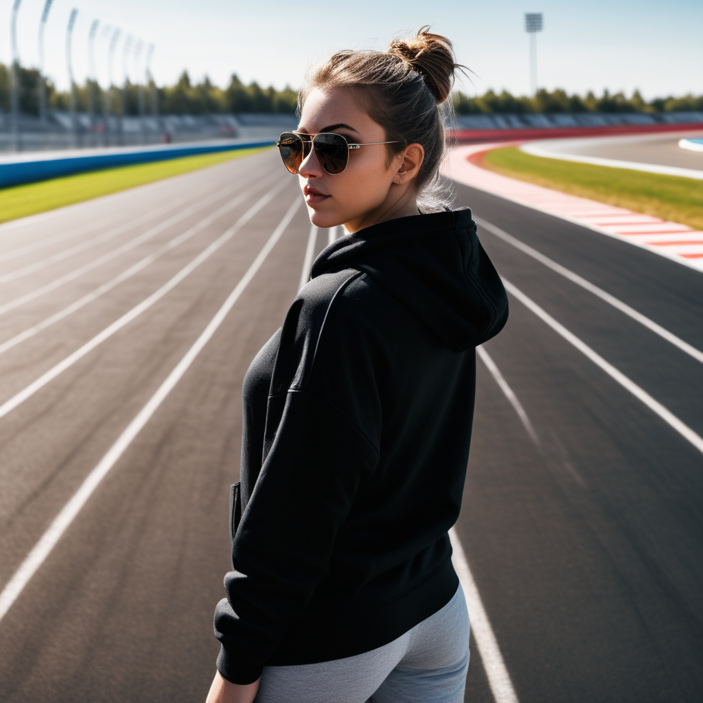 girl with sunglasses on and a black plain hoodie facing away on a race track and shes standing 5 feet away