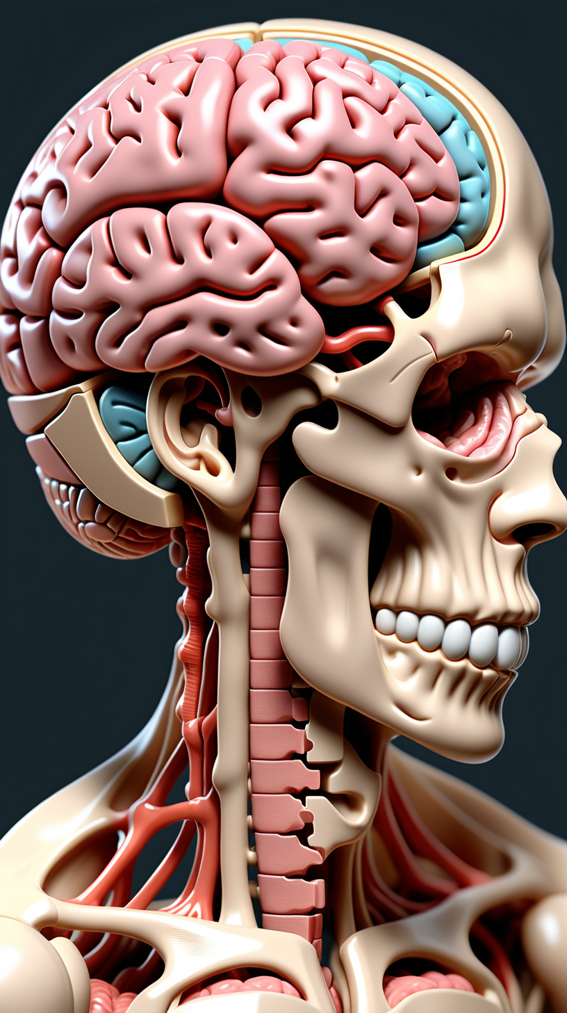 Imagine we're prompting, detailed, realistic human brain inside the body, resembling an anatomy book. Capture intricate details with a high-quality camera model and lens. Illuminate with soft, natural lighting for a realistic and informative photographic style.