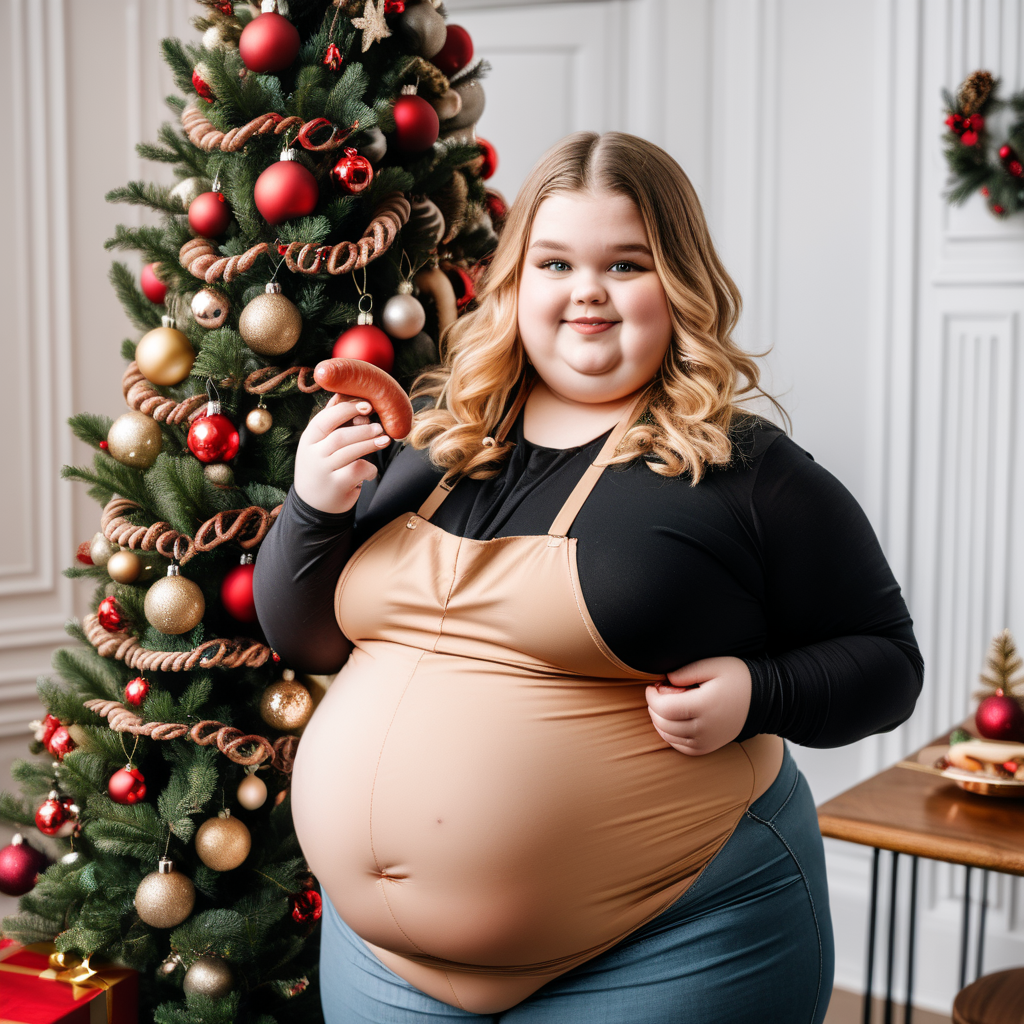 Profesjonalne Zdiecie grubej dziewczyny z kiełbasami w ręku stojącej na tle choinki świątecznej 