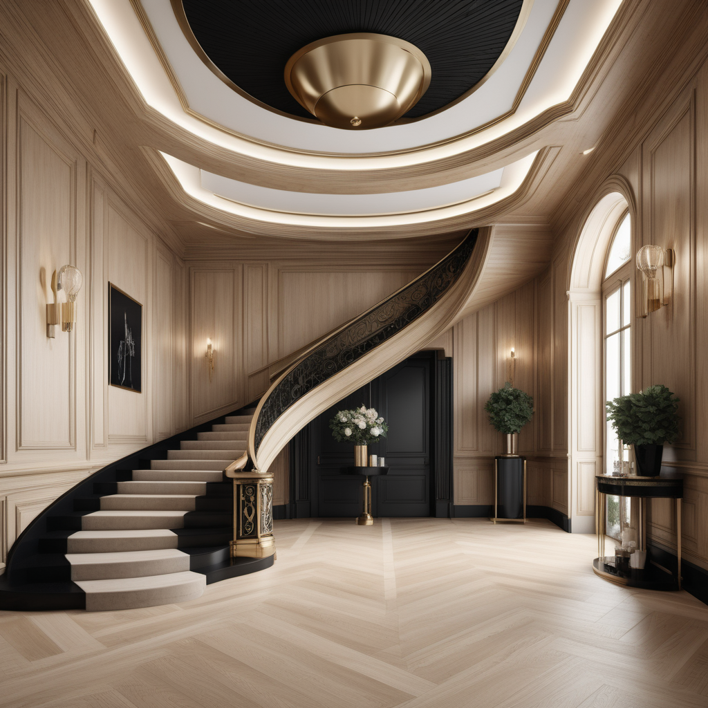 A hyperrealistic image of a luxurious, grand  modern Parisian entrance foyer in a beige oak brass colour palette with accents of black , with coffered ceiling, a curved bifurcated staircase 