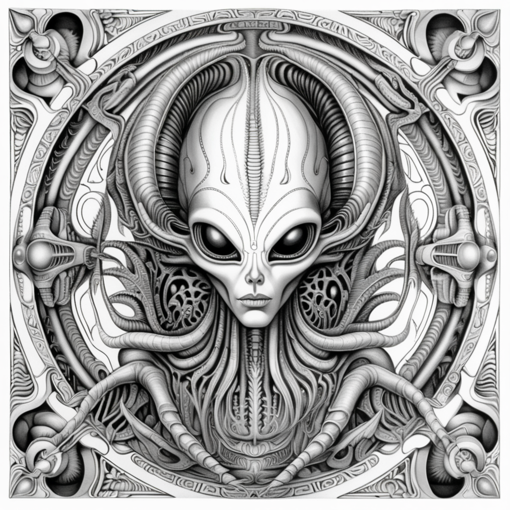 adult coloring book, black & white, clear lines, detailed, symmetrical mandala, queen alien in style of H.R Giger