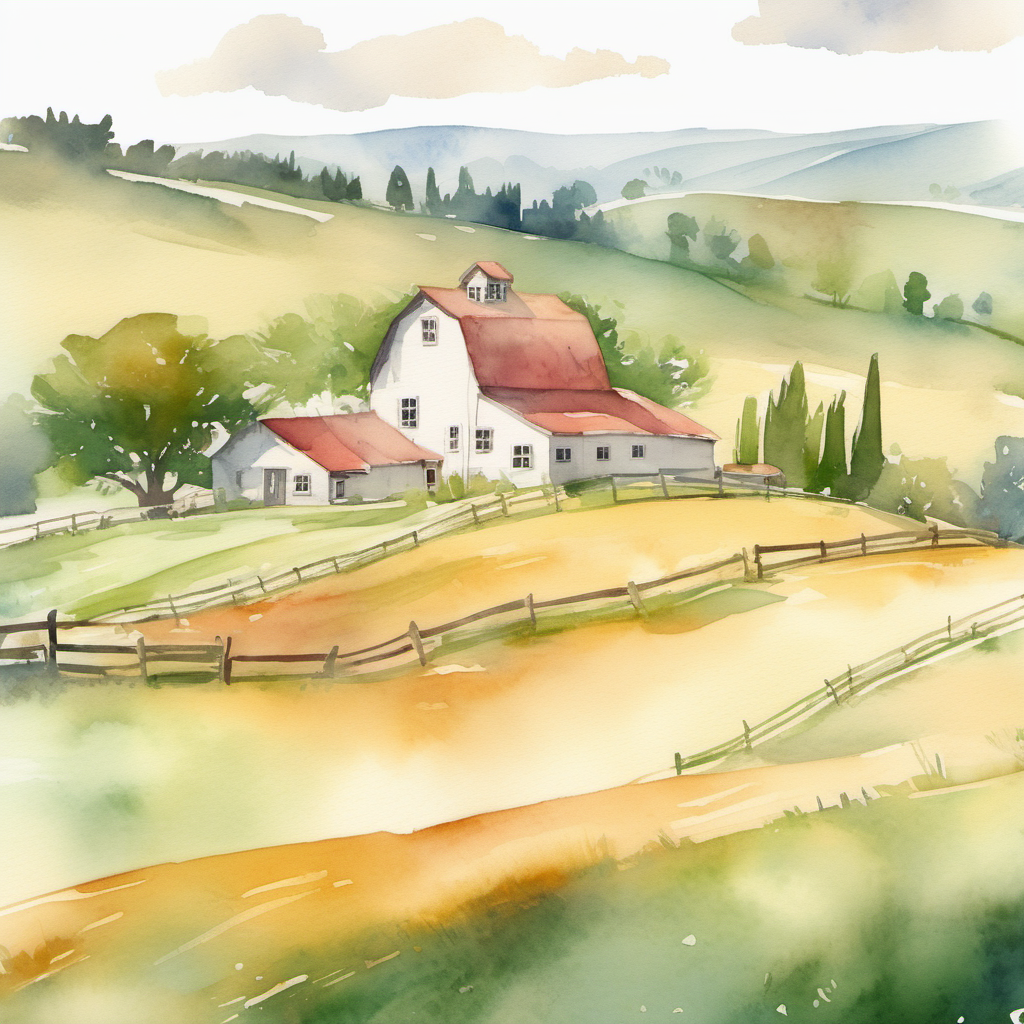 /envision prompt:Create a watercolor masterpiece showcasing an idyllic vintage farmstead. Highlight rolling hills, a charming farmhouse, and grazing livestock.  --v 5 --stylize 1000