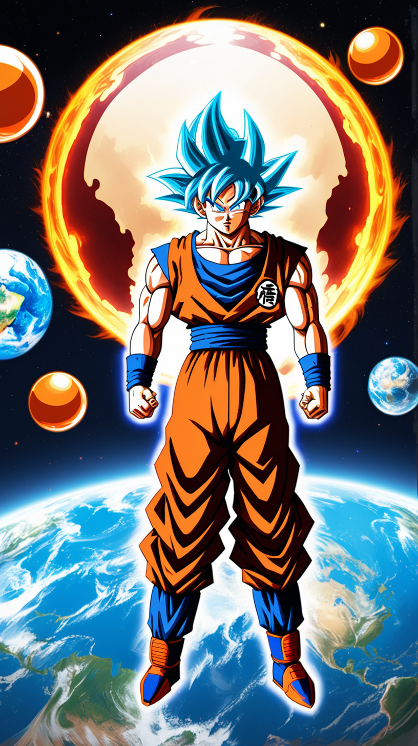 Goku  fase dios atrás el planeta tierra y alrededor las esferas del dragon
