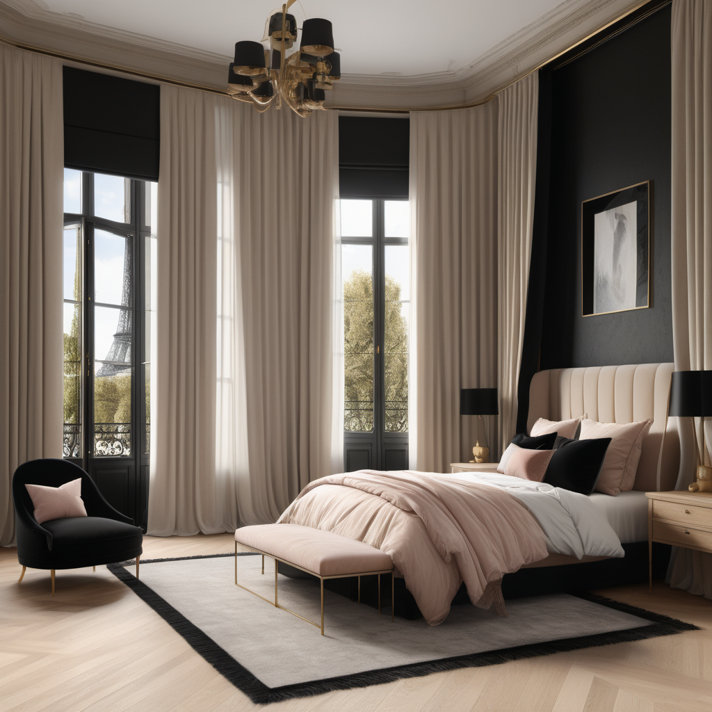 A hyperrealistic image of a grand, Modern Parisian, feminine, elegant, young girls bedroom with curtains,  in a beige oak brass and black colour palette with floor to ceiling windows 