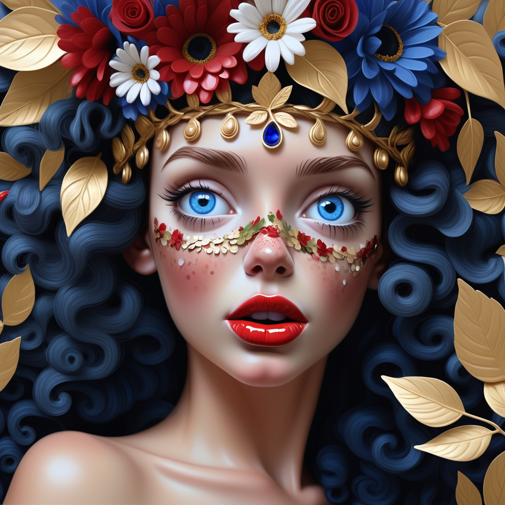 wall art painting of a beautiful american woman, flower crown, she is half made of flowers, deep blue crystal eyes glittering, open curly hair, red glossy lips, freckles on face, high texture, photorealistic, pro photo, crawler leaves around her face and head, detailed skin, super close up of face and one eye, golden spots on face, tongue out and winking