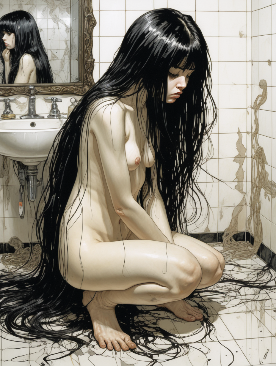 A girl with long black hair cuts her