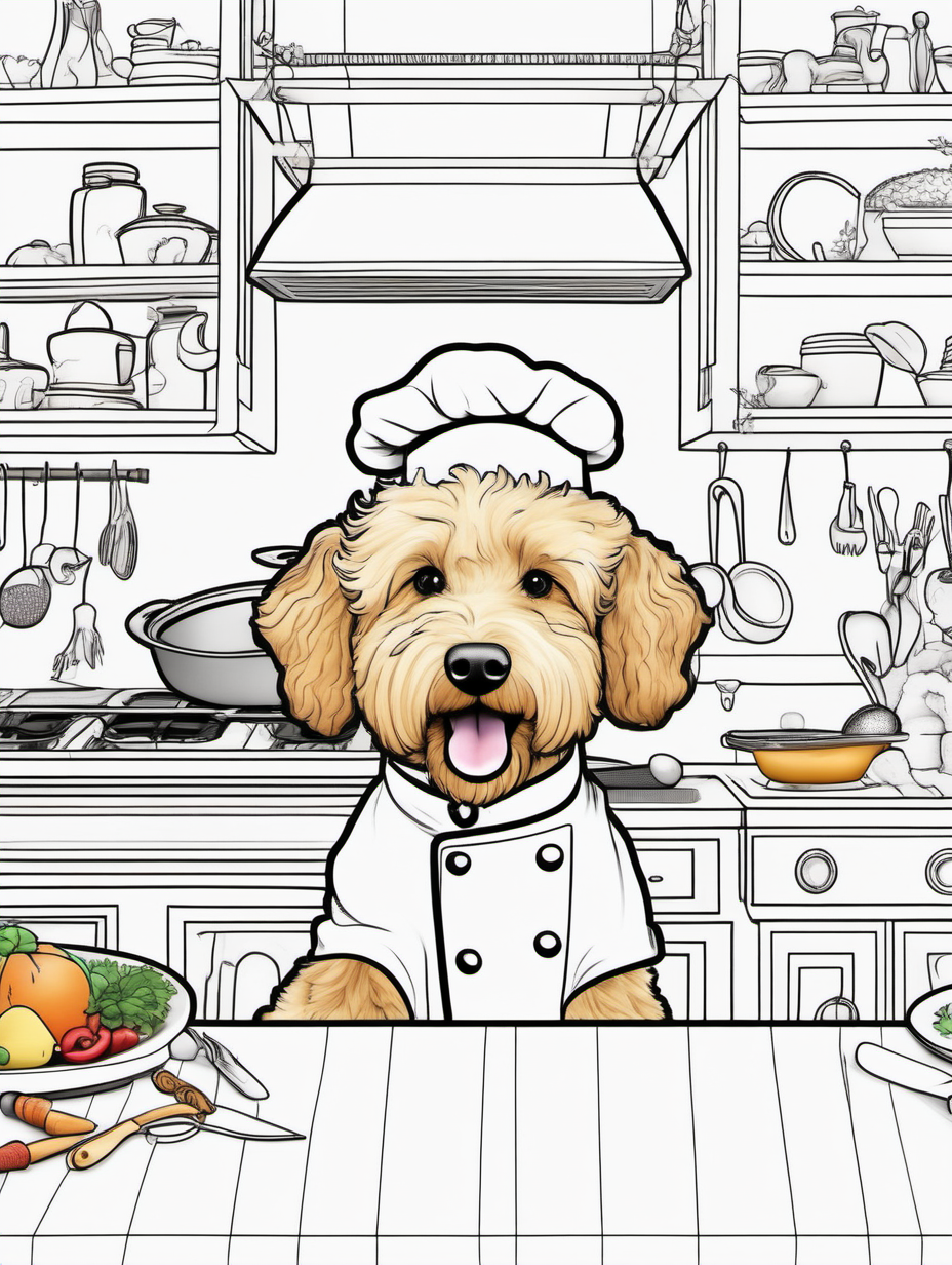 Cute female golden doodle in a whimsical kitchen wearing a chef’s hat  for a coloring book with black lines and white background
