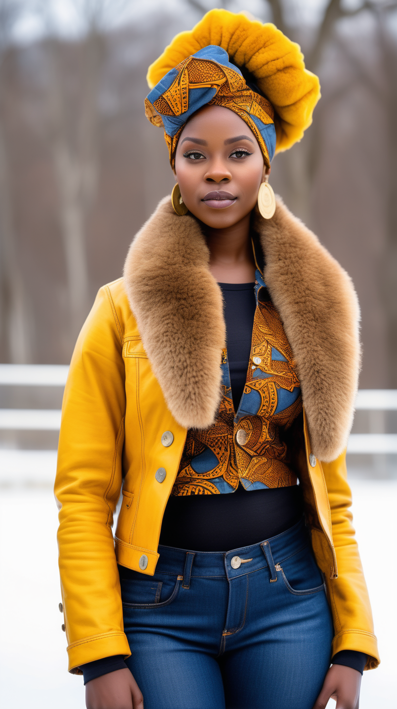 A beautiful black woman wearing an African printed fabric head wrap, Levi denim jacket, restyled into a three quarter length jacket, made of saffron yellow, lambskin leather, with African printed fabric inserted in various places, show Front, Back, and Side views with stainless buttons, with a fluffy brown mink fur collar, standing at an outdoor ice skating rink, with grey and blue shades and hues in the background