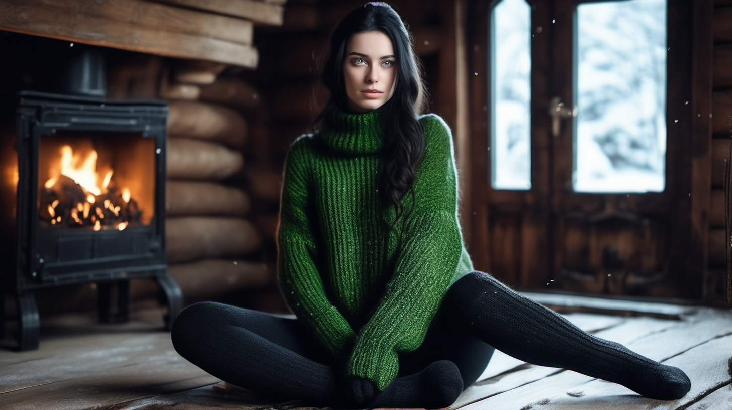 Hot girl with black hair and green eyes wearing fully knitted wool brown sweater.Wearing black spandex leggins, brown hand - knitted traditional socks. Black woolen bodice. She sitting on the wooden floor in old and dusty country house. Outside is winter and snowy. It's dark. Big fireplace, cyber - cat, robots.
