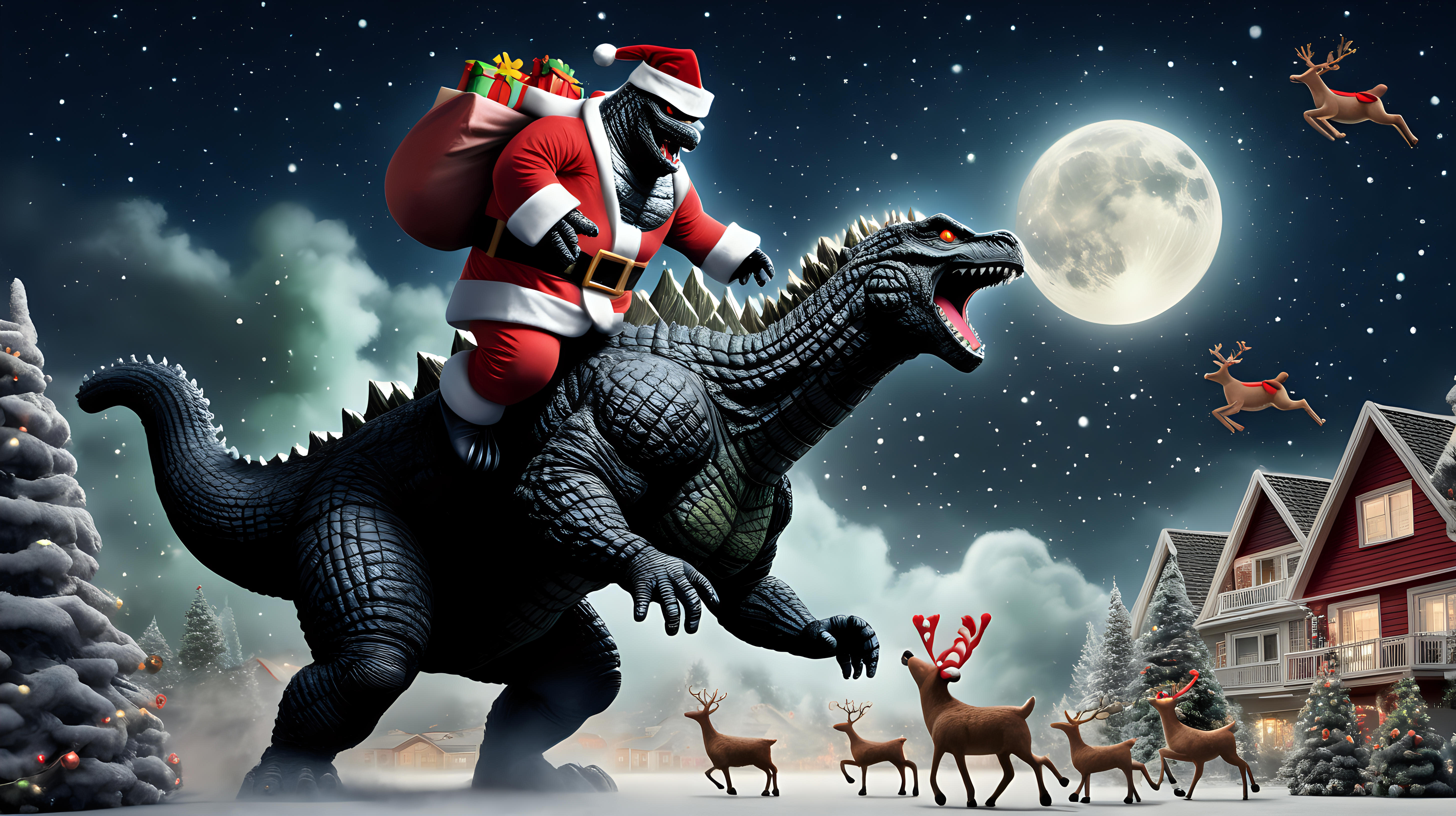 Godzilla chasing Santa and his reindeer in the