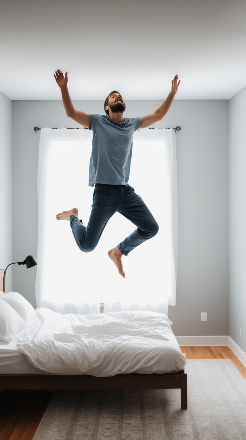 Man ascending over his bed floating because he is ready to start his day