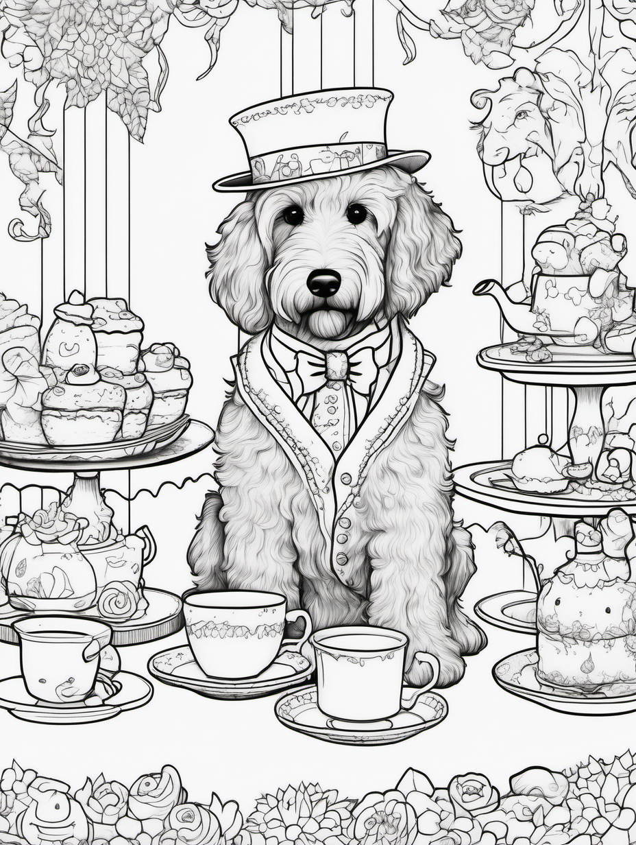 A cute goldendoodle at a whimsical tea party with other animals in fancy attire for coloring book with black lines and white background