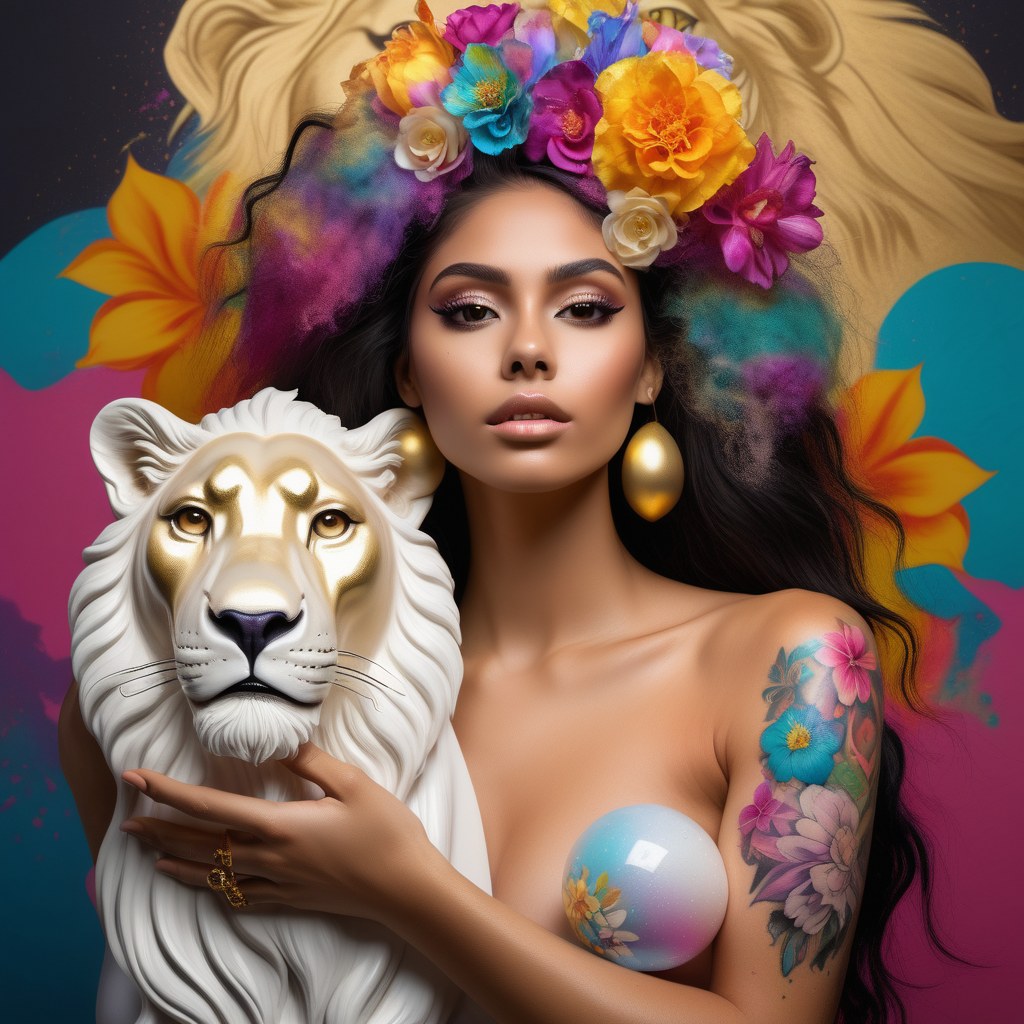  abstract exotic latina Model with soft colorful flowers the colors leak into her hair.
add She is holding a toy top in gold
she is looking at realistic white
lion
5 crystal balls floating in the air
add tattoos on her arms and shoulder
