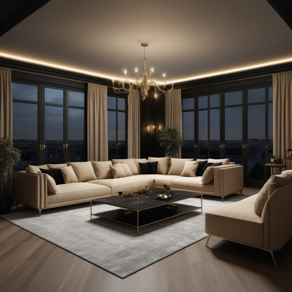 a hyperrealistic image of a grand modern Parisian 6.7x4.7 metre combined lounge room and dining room with windows along only one wall, at night with mood lighting  in beige, oak, brass and black
