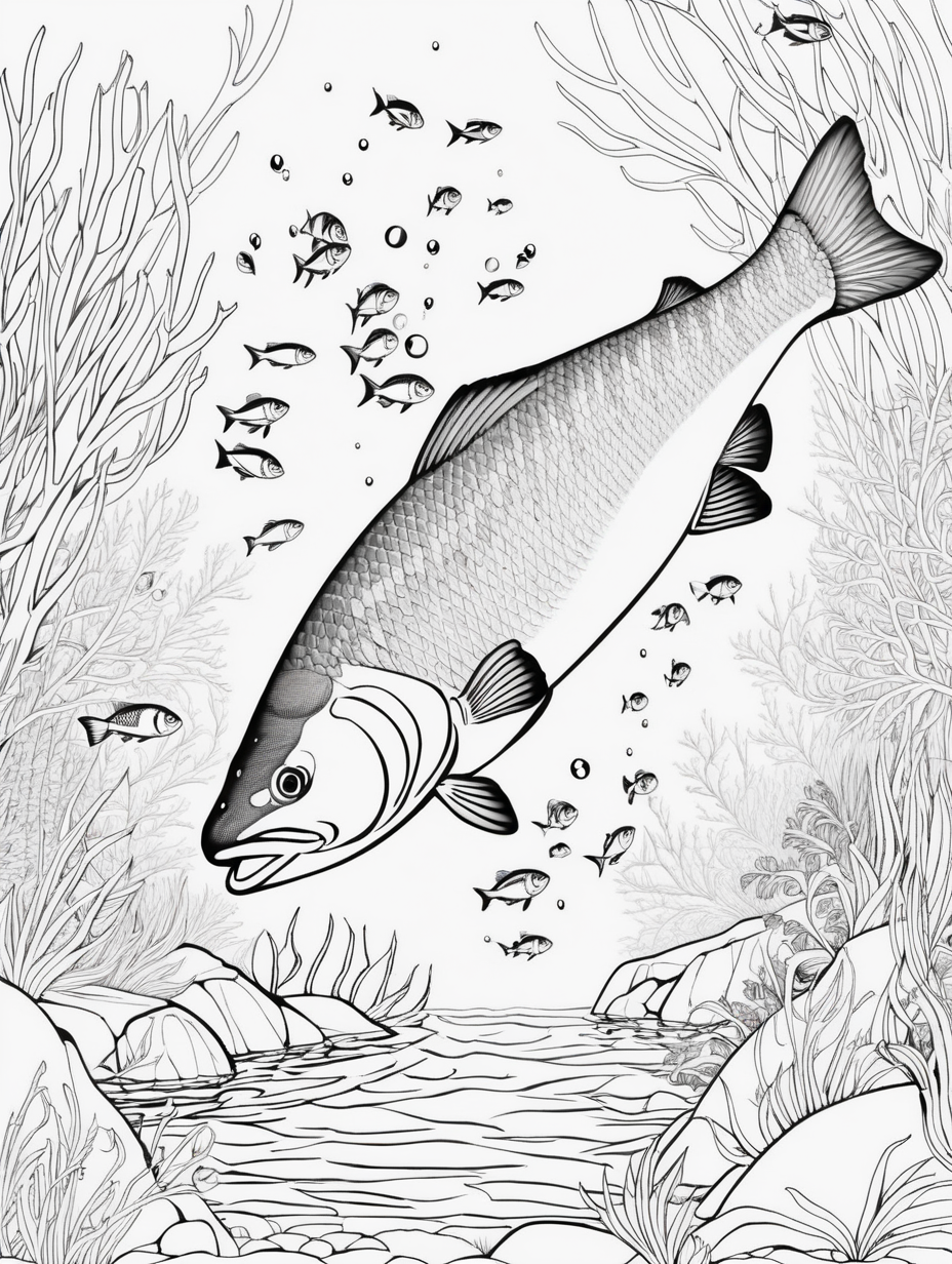 salmon underwater river, coloring page, low details, no colors, no shadows
