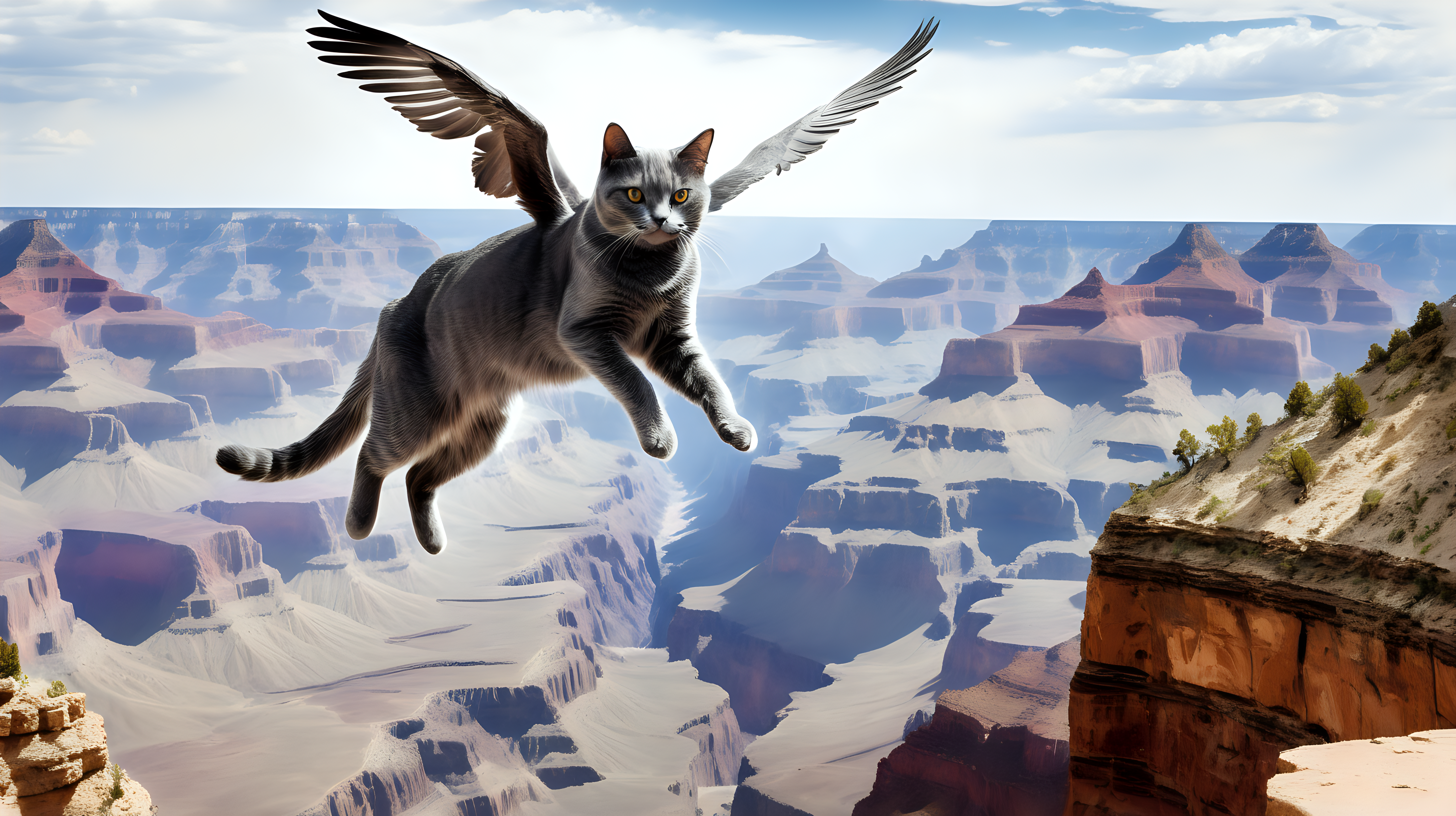 gray cat with wings jumping over grand canyon