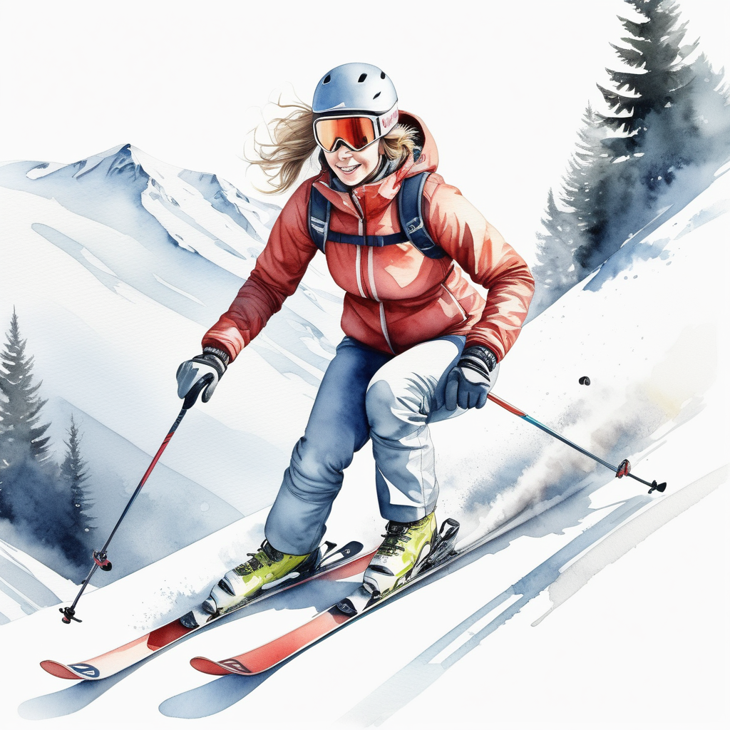 bílé pozadí_vytvoř realistickou ilustraci _detailní záběr na lyžař_žena_ester ledecká_zimní krajina_sjezdové lyžování__motto_když nemůžeš přidej více_ve stylu akvarelu_reálná postava_