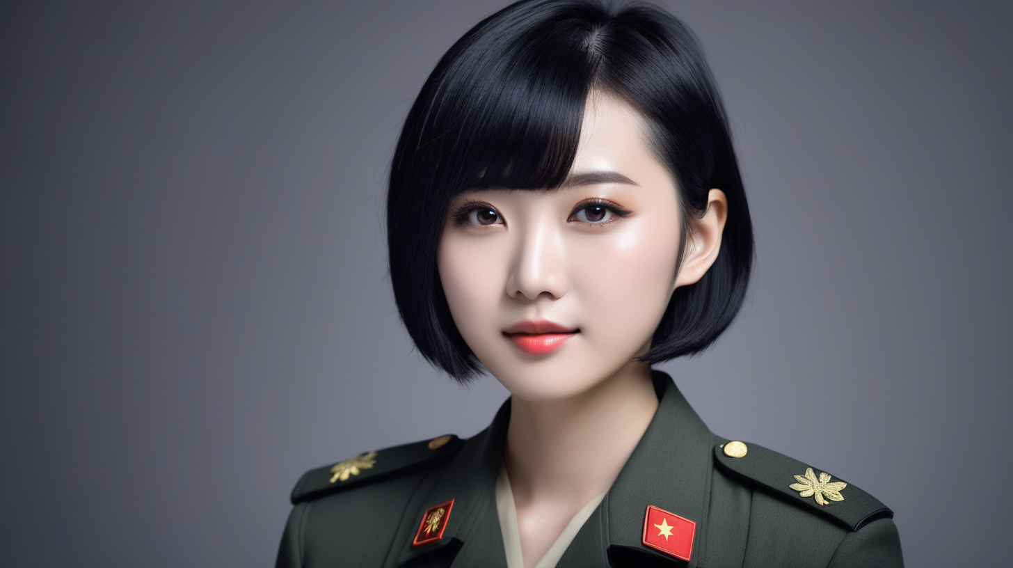 一名中国女兵
少女
短发
黑发
主持新闻
正面