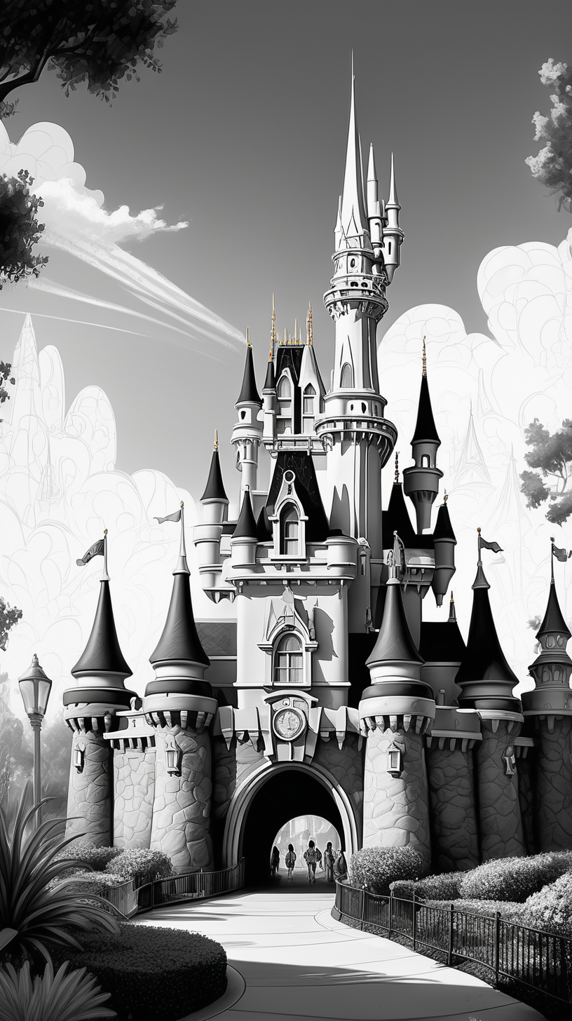 /imagine prompt : An ultra-realistic black and white
 drawing
Disneyland towers landscape
-no wood or coil
 The image in high resolution and a 16:9 aspect ratio, –ar 9:16 –v 5.2 –style raw