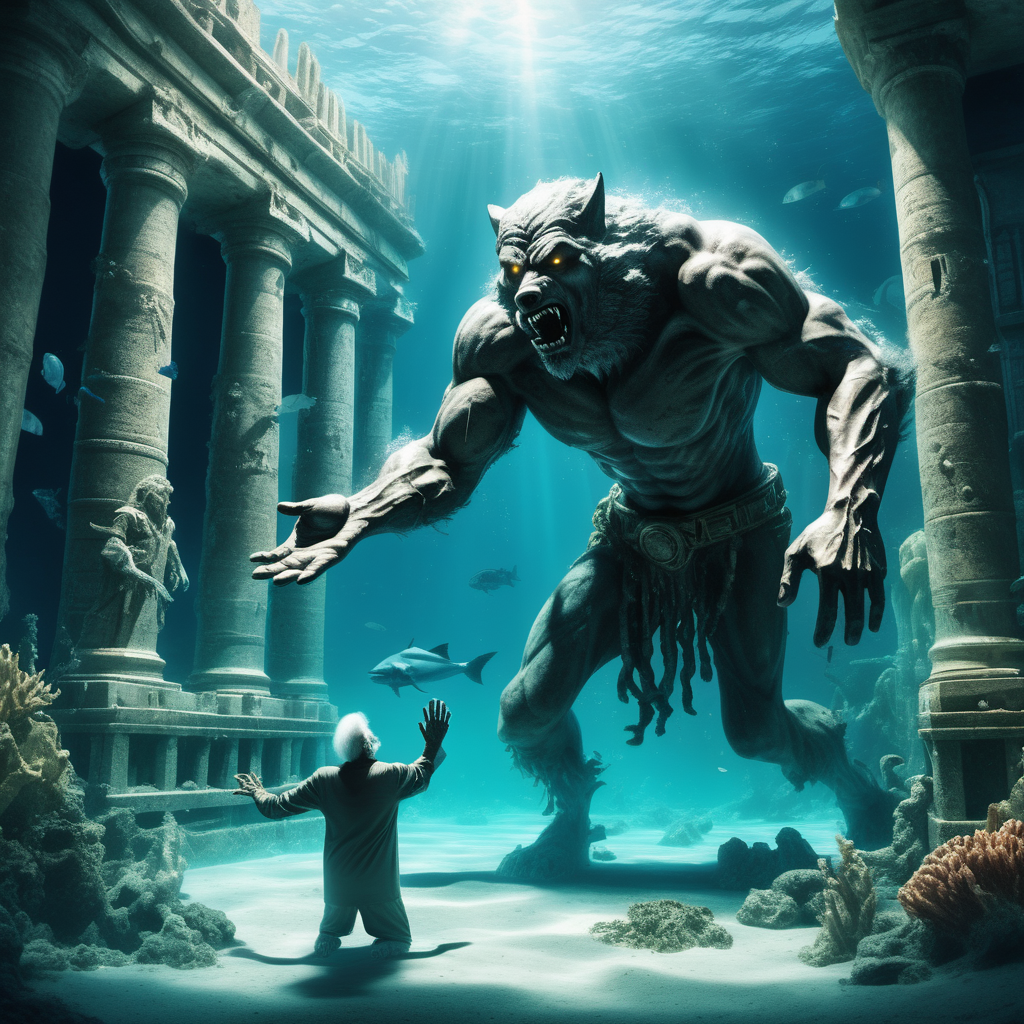 Deep Underwater City's  ruins of Atlantis.  in foreground a front view of a  Wolfman  reach out  a helping  hand to  a sick lost old man 