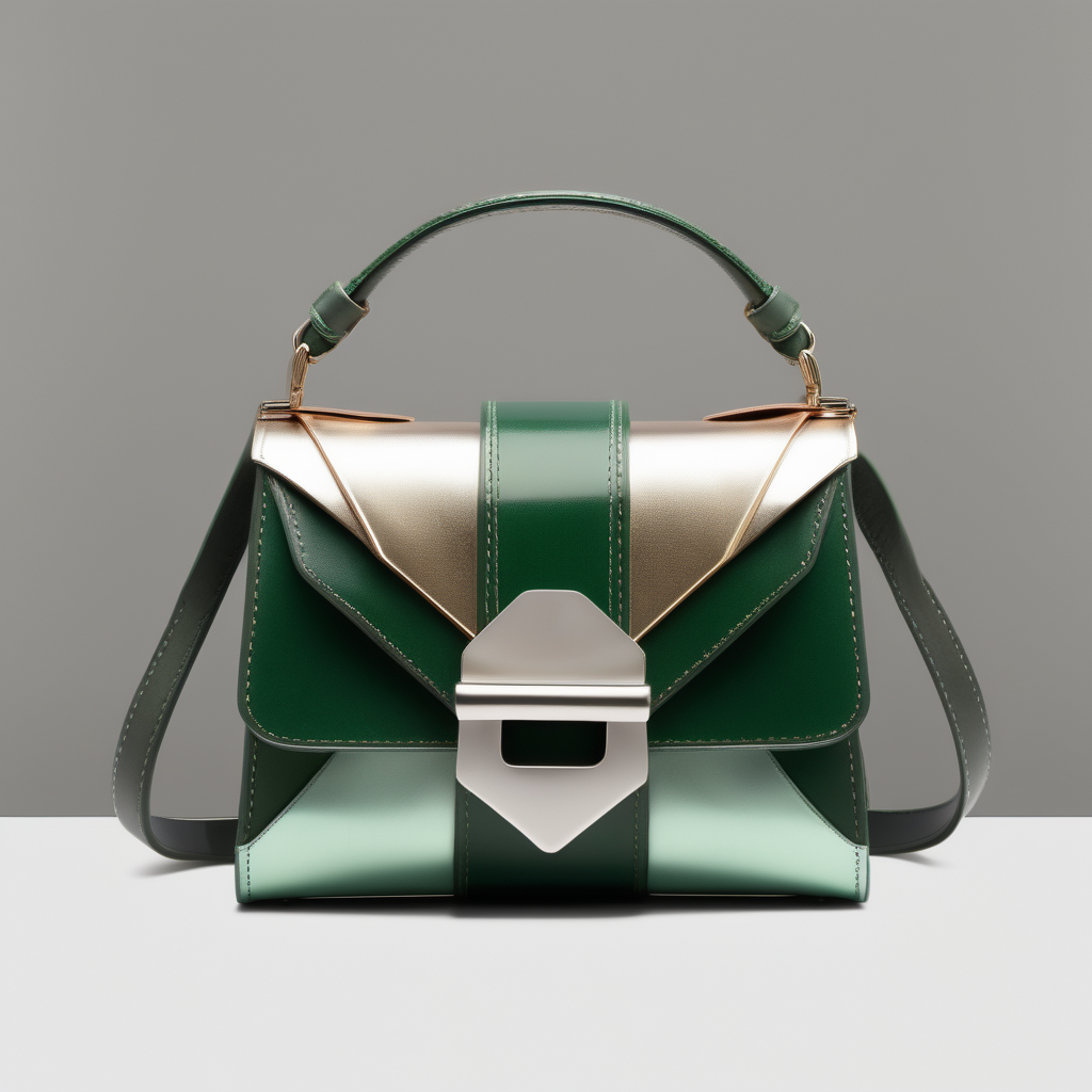 Art Nouveau inspired luxury small  bag with flap and metal buckle- metalized leather -geometric shape - frontal view  - inserts color block metalized - green shades