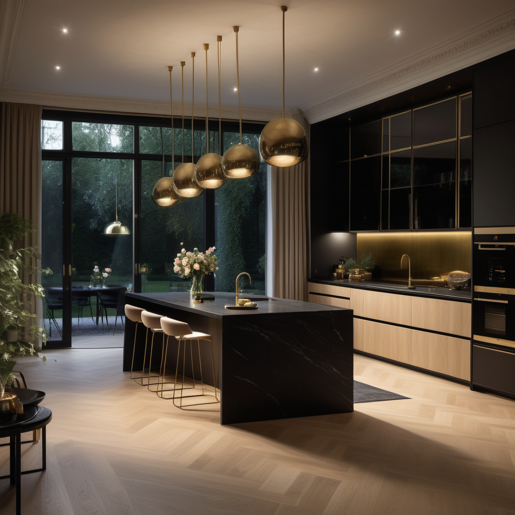 hyperrealistic of an elegant, paltial modern Parisian kitchen with island at night; oak flooring; floor to ceiling windows with a view of the sprawling lush gardens; curtains; mood lighting; beige, oak, brass and black colour palette; modern brass pendant light; rug; 
