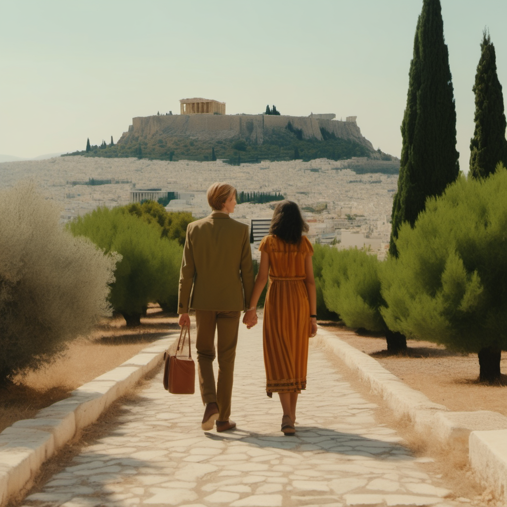 Young German-Indian couple wandering through Athens, a glimpse of Acropolis and olive trees in the background, Wes Anderson cinematic setting