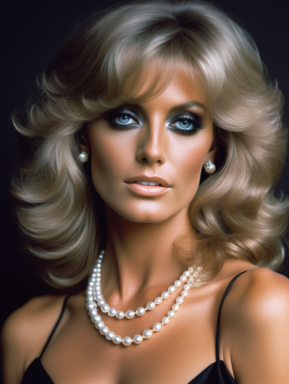 a close up of a nude woman with a black dress and a pearl necklace, perfect colorful eye shadows, inspired by farrah fawcett, perfect body face and hands, profile picture, images on the sales website, beautiful android woman, muted colour