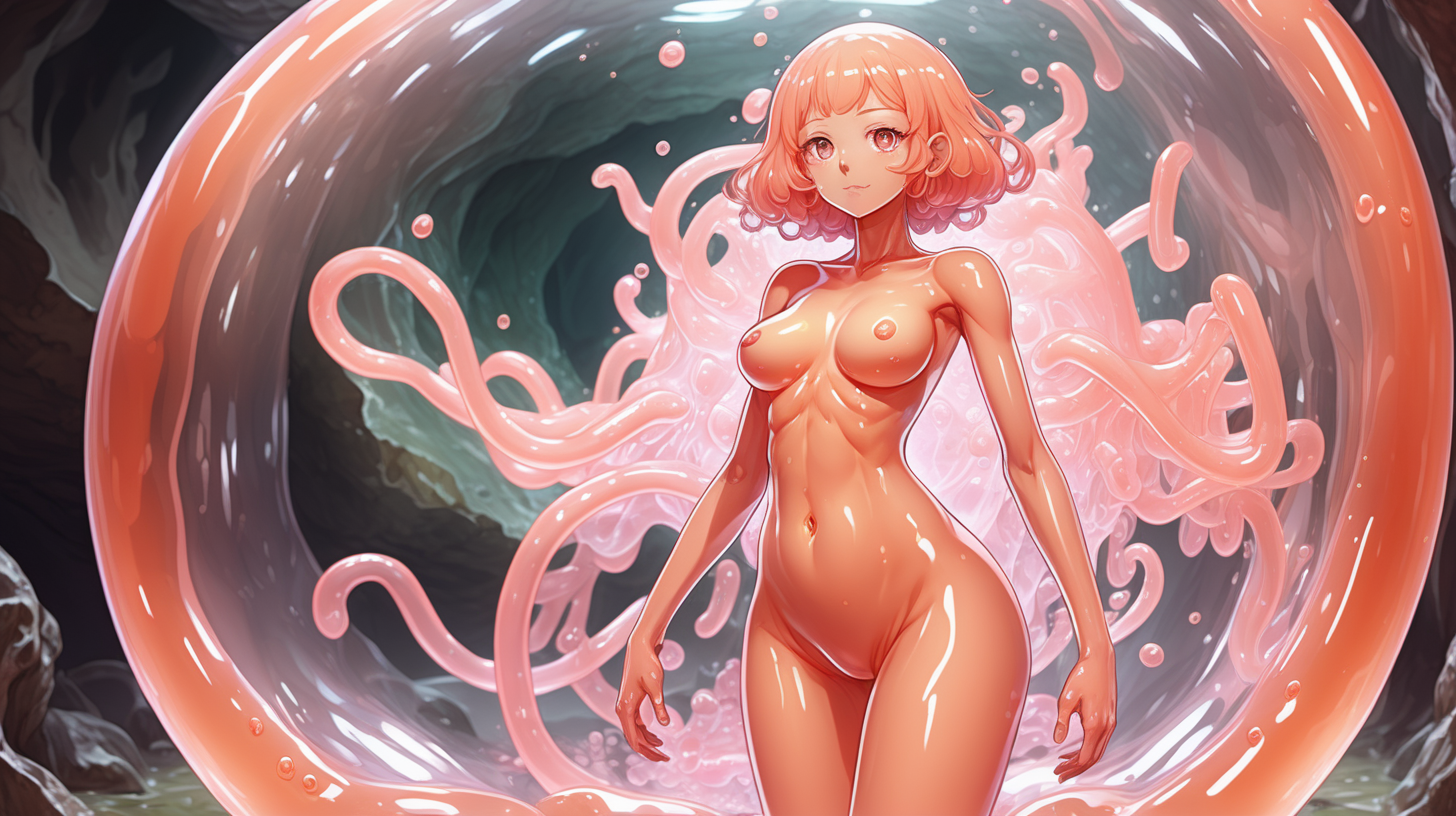 semitransparent single-celled organism slime girl waifu. entire body is semitransparent.  skin is a cell membrane. In a slimy cave environment. visible organelles. resembles peach jelly