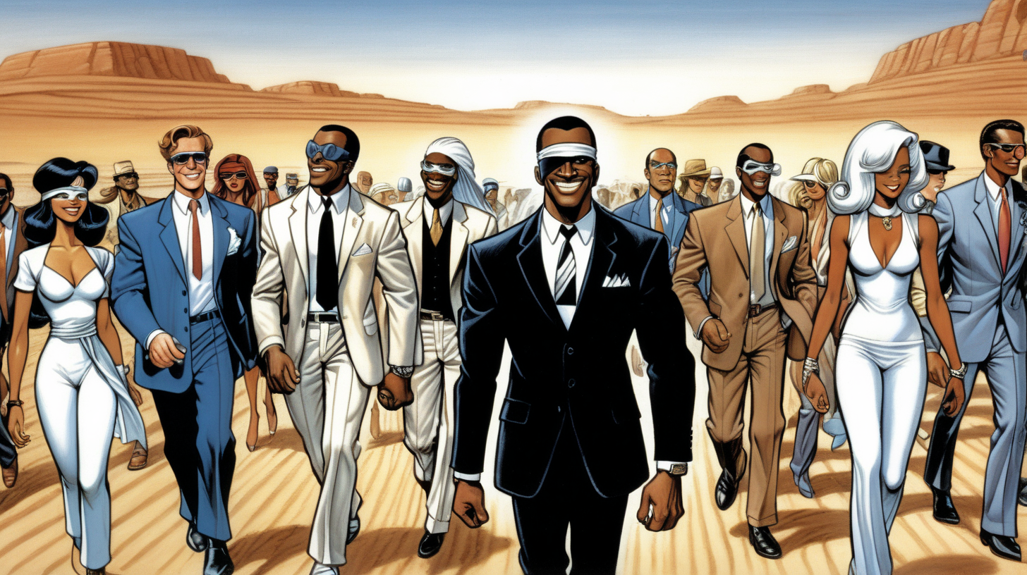 a blindfolded black man with a smile leading a group of gorgeous and ethereal white and black mixed men & women with earthy skin, walking in a desert with his colleagues, in full American suit, followed by a group of people in the art style of Bruce Timm comic book drawing, illustration, rule of thirds