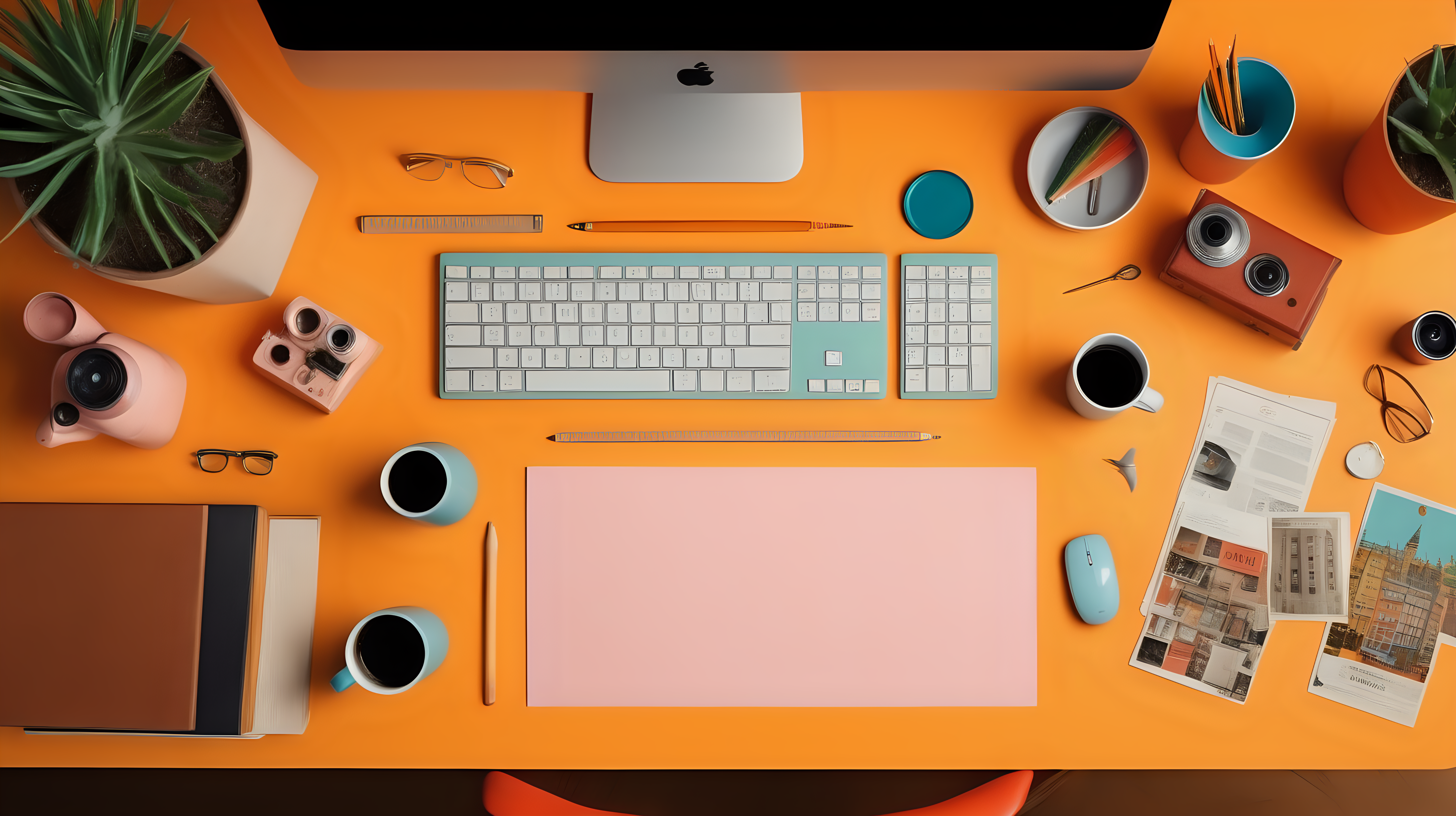 close up, high quality photograph bird's eye view of the top of a desk of a graphic designer in the style of a wes anderson movie
