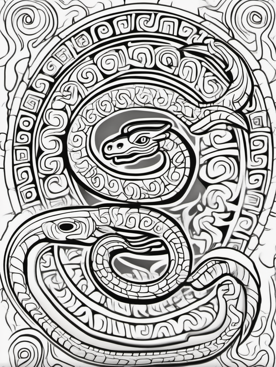 serpent mayan art,coloring page, simple draw, vivid colors, 