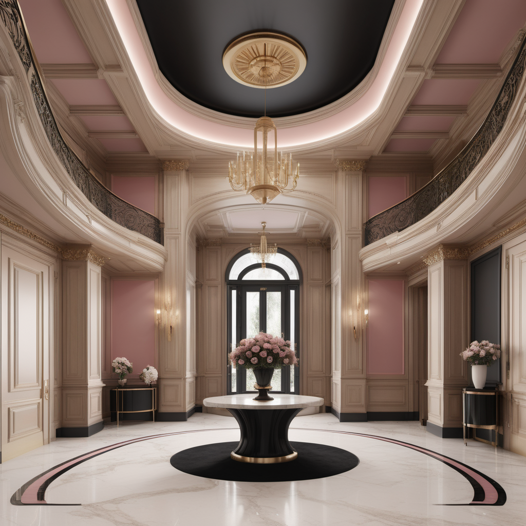 A hyperrealistic image of a luxurious, grand  modern Parisian entrance foyer in a beige oak brass colour palette with accents of black and dusty rose, with coffered ceiling, a curved bifurcated staircase 