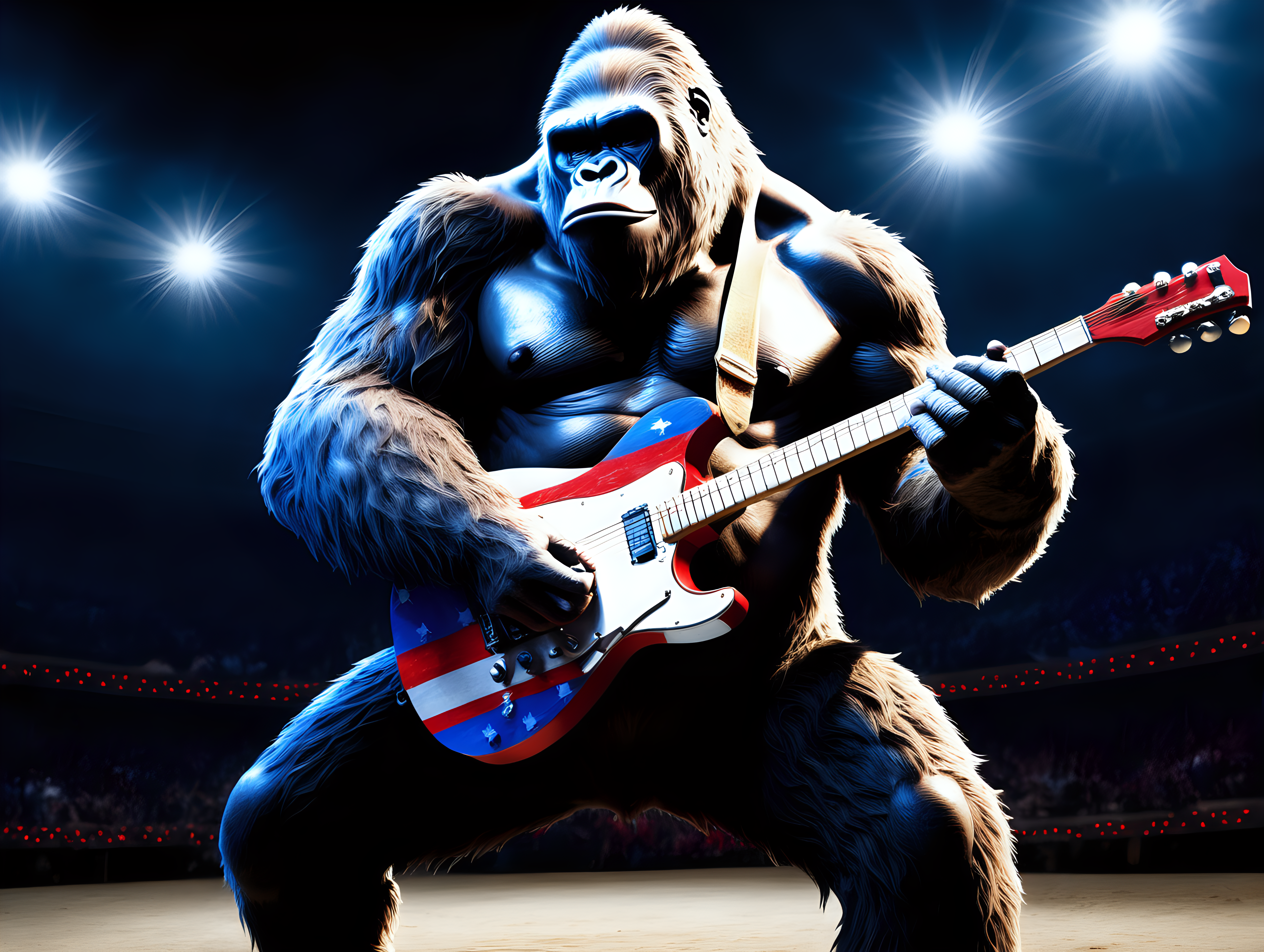 King Kong playing a red white and blue