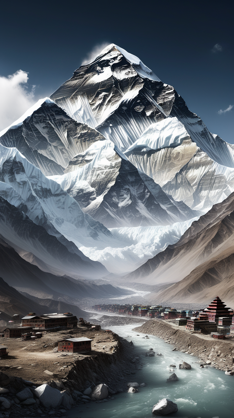 Imagine we're prompting, a realistic and awe-inspiring scene of Mount Everest. Capture the majestic peak, the rugged terrain, and the vast expanse of the Himalayan landscape. Utilize a high-quality camera model and lens for intricate details. Illuminate the scene with natural, dynamic lighting, portraying the grandeur of Mount Everest in a breathtaking and realistic composition.