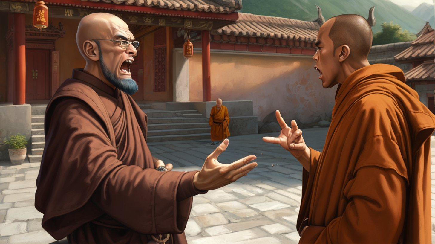 an angry man talking to a monk