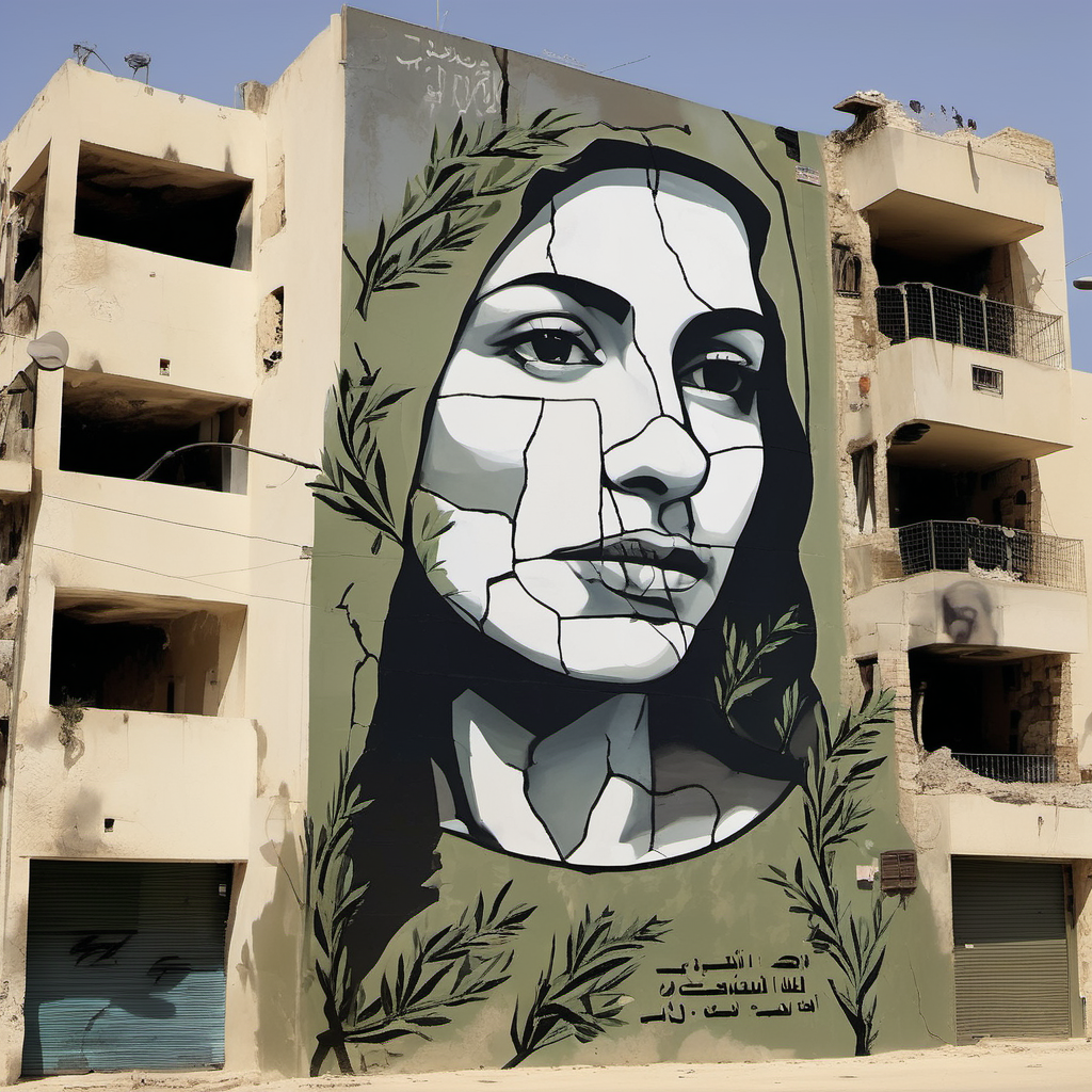 Civilian Impact: A poignant, street art-inspired mural depicting the faces of Gaza civilians affected by conflict, with symbolic elements like olive branches and ruins, conveying a message of endurance and loss.
