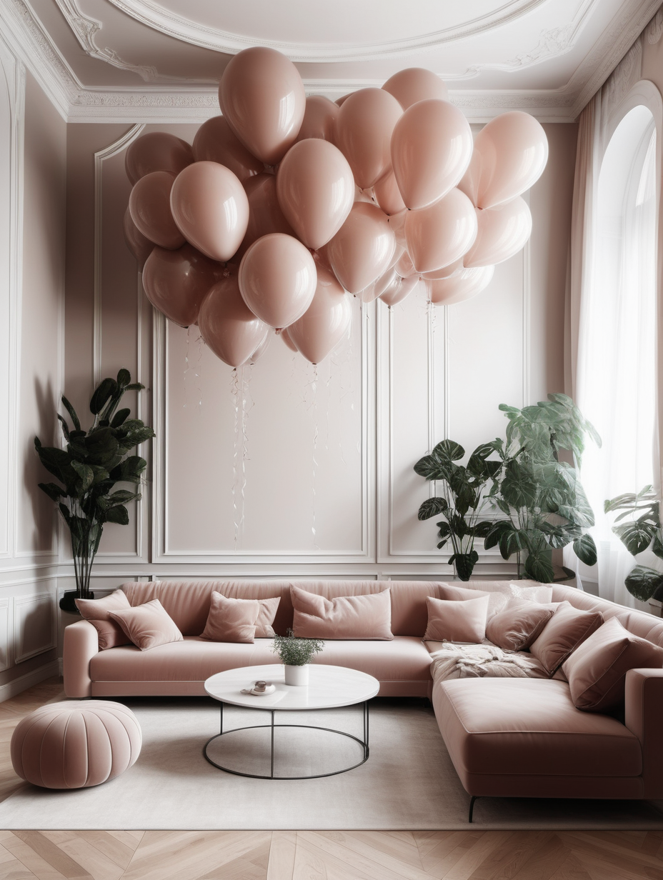 /imagine  rose classic interior with modern furniture, white ceiling with classic decor, a lot of transparent balloons under the ceiling, large minimalistic cappuccino-colored sofa, many tall plants behind the sofa, light herringbone parquet