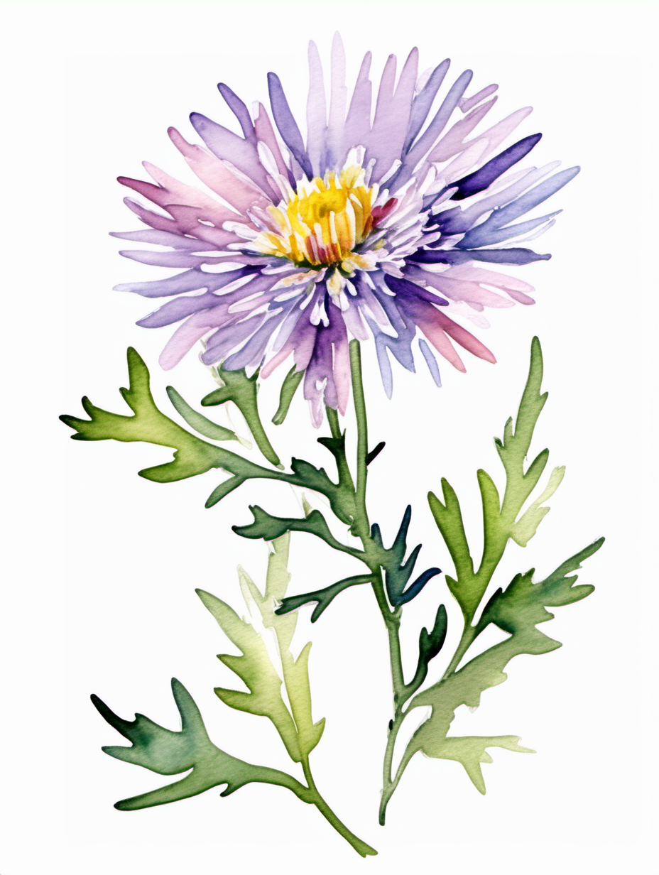 simple single aster, watercolor, white background