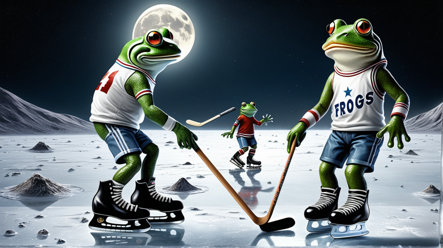 frogs on ice skates playing hockey on the