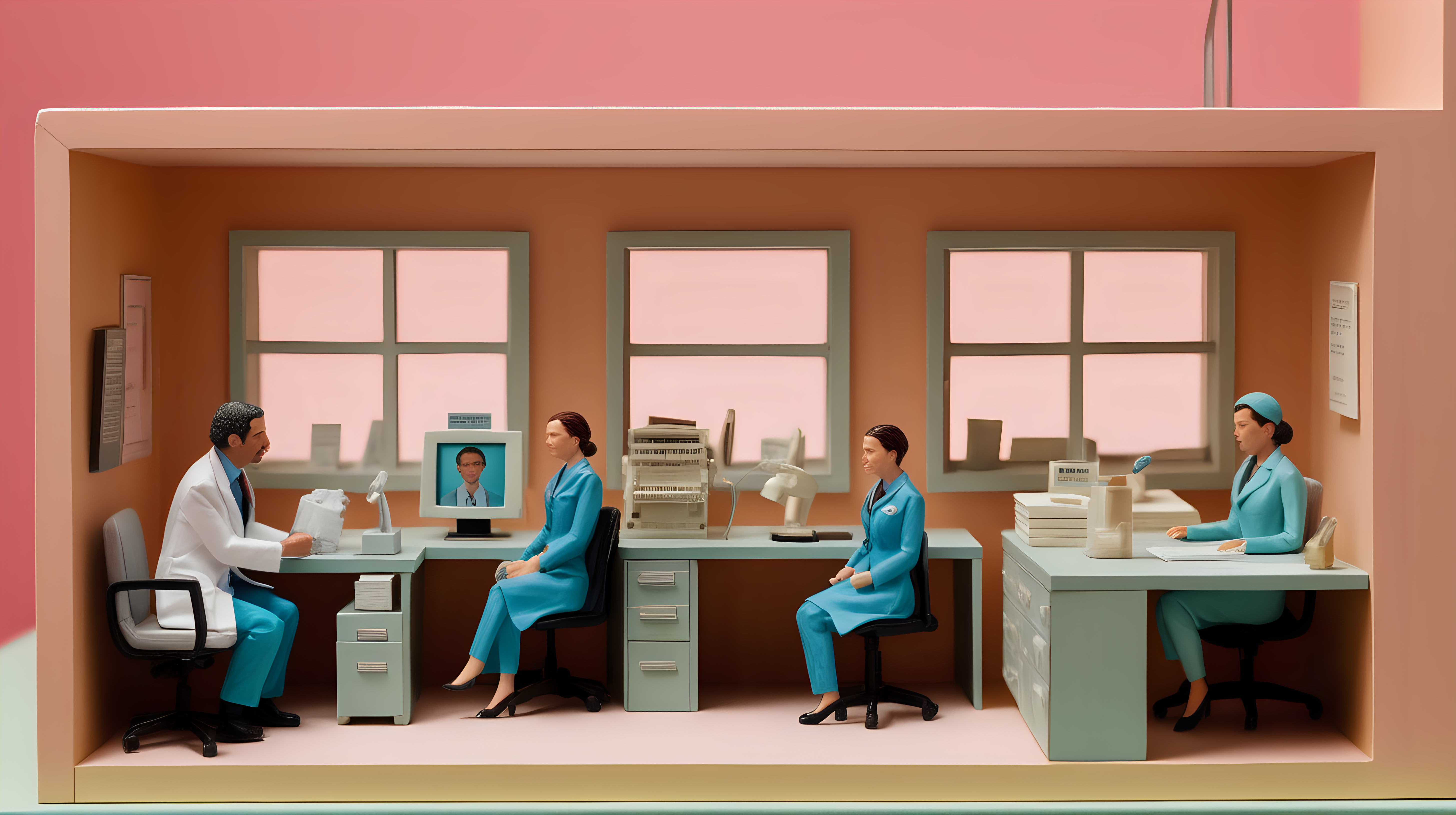 close up, high quality photograph of a diorama cross section of one floor of an office building with three offices.  One is a neurosurgeon, one is a design company, and one is a feminist periodical, all in the style of a wes anderson movie
