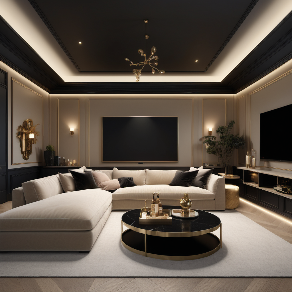 a hyperrealistic of an elegant Modern Parisian estate home lounge theatre room with mood lighting, a large comfy sofa, a snack bar in a beige oak brass and black colour palette 
