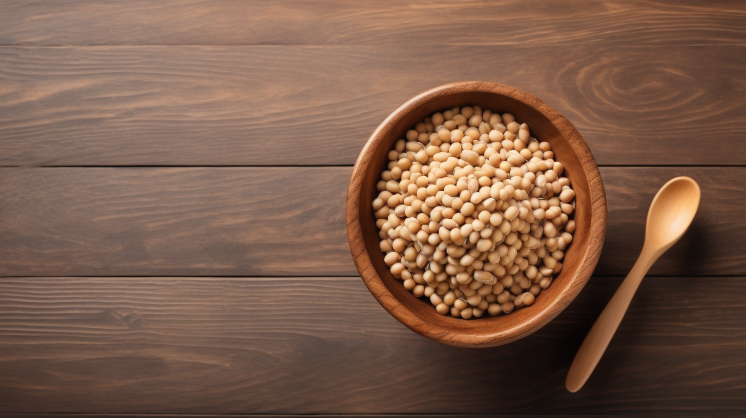 Soybeans in wooden bowl with wooden spoon on wooden table, top view, copy space, photo shoot