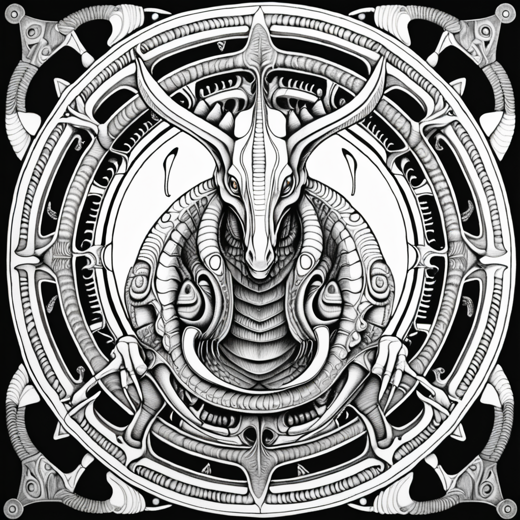 black & white, coloring page, high details, symmetrical mandala, strong lines, Parasaurolophus with many eyes in style of H.R Giger