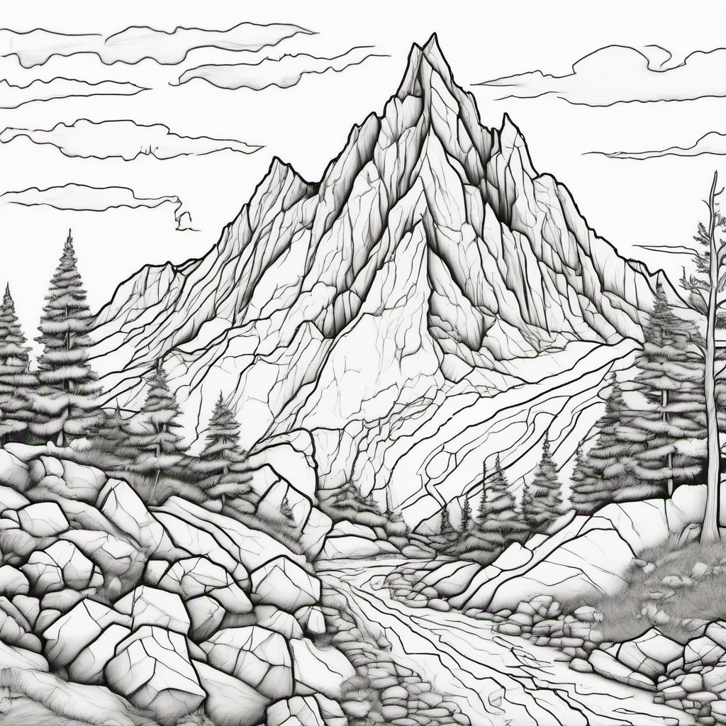 low detail coloring page of a mountain being broken down my weathering and erosion
