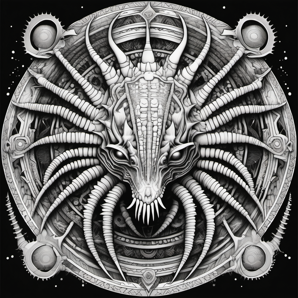 black & white, coloring page, high details, symmetrical mandala, strong lines, Stegosaurus with many eyes in style of H.R Giger