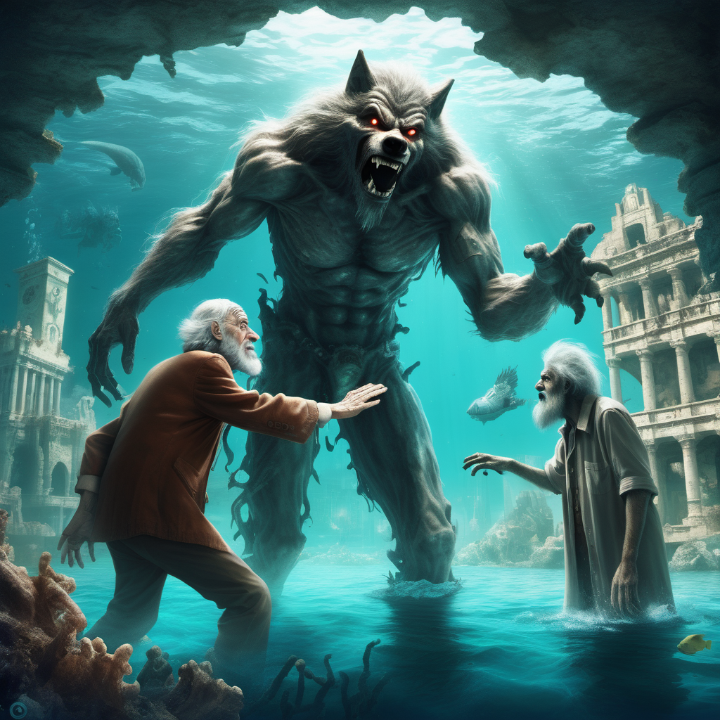  a kind Wolfman  reach out  a helping  hand toward  a sick lost old man.  In background the deep underwater city's  ruins of Atlantis