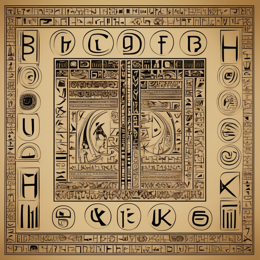 Generate an artistic representation of an alphabet inspired by an ancient civilization. Imagine a script that could have been used by a mysterious and advanced society from a bygone era. Incorporate unique symbols, intricate patterns, and a sense of historical significance. The characters should evoke a feeling of antiquity and cultural richness. Consider influences from ancient scripts like hieroglyphs, cuneiform, or runic writing systems, but give it a distinctive and otherworldly flair.
