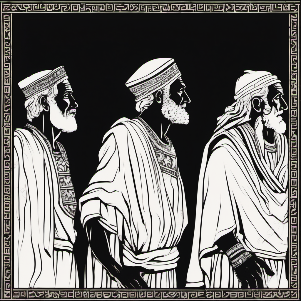 closeup silhouette THREE OLDER MEN in ANCIENT BABYLONIAN